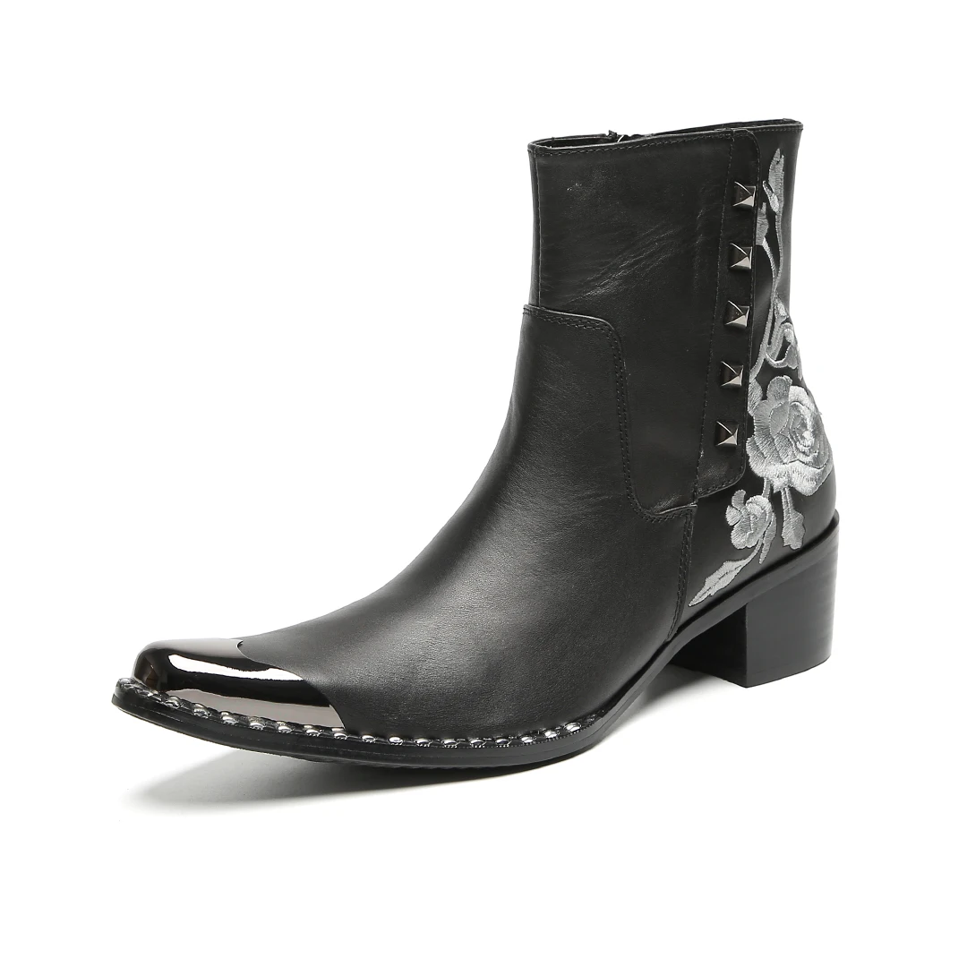 Men's Creative Pattern Vintage Black Mid-Heel Boots Metal-Tip Cowboy Boots High-Top Riding Boots