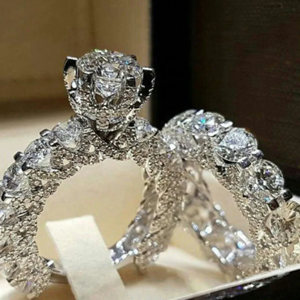 أنيقة الزركون خاتم فضي اللون خاتم الخطوبة الزفاف مجموعة للنساء 2019 موضة الزركون كريستال مجوهرات