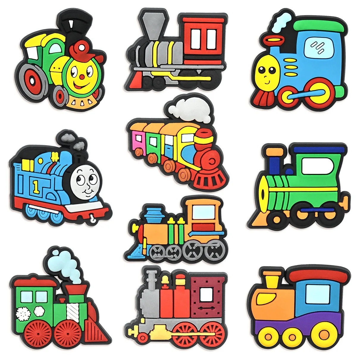 10 Peças de Pingentes de Desenho Animado Thomas & Friends para Calçados, Atacado, em PVC, para Decoração de Bolsas de Praia, Tamancos, Pulseiras, Fivelas e Sandálias, Destacáveis, Impermeáveis, Presente