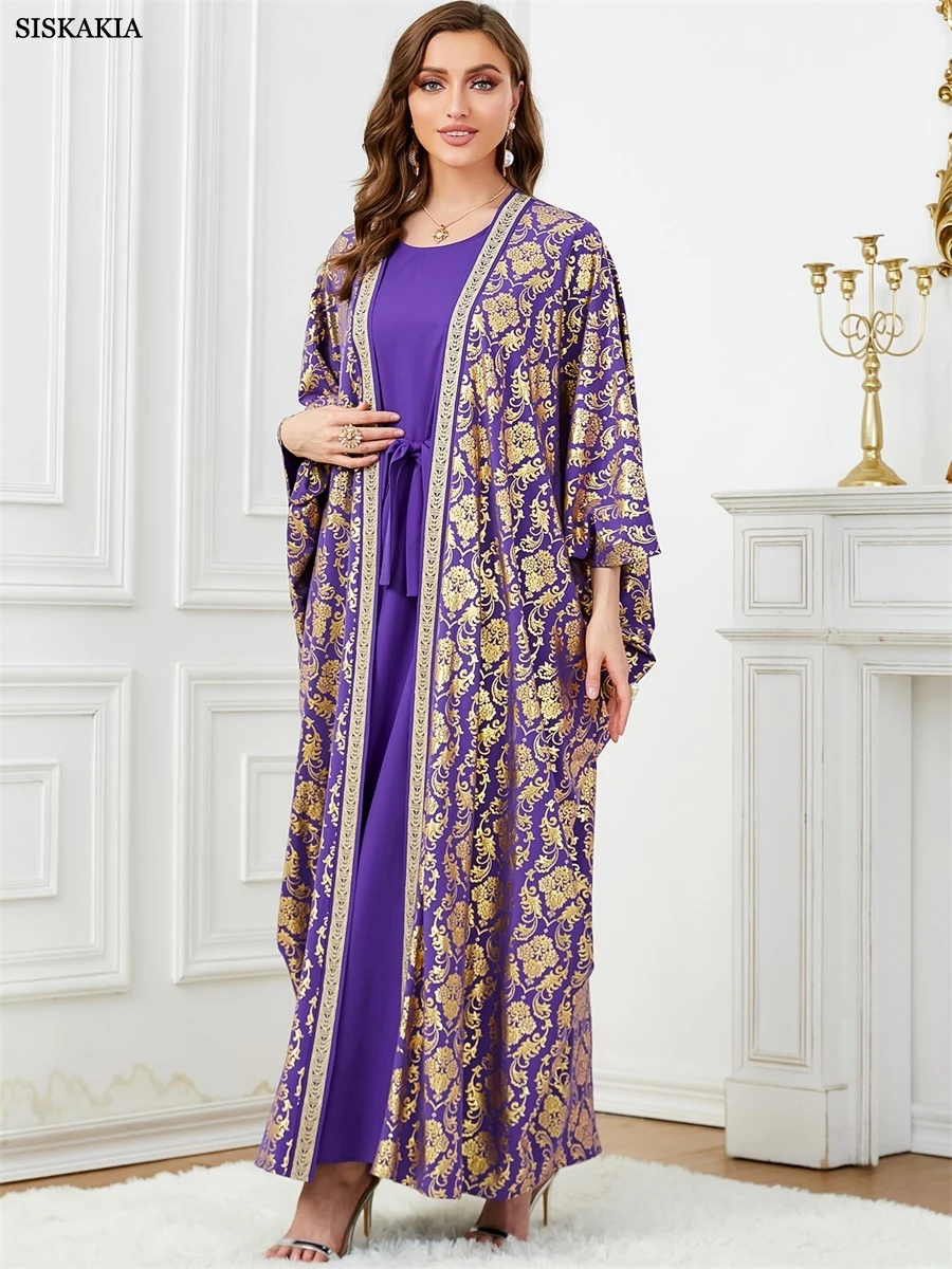 Siskakia Dubai goud stempeljurk moslim tweedelige set Abaya O-hals riem inclusief vleermuismouw