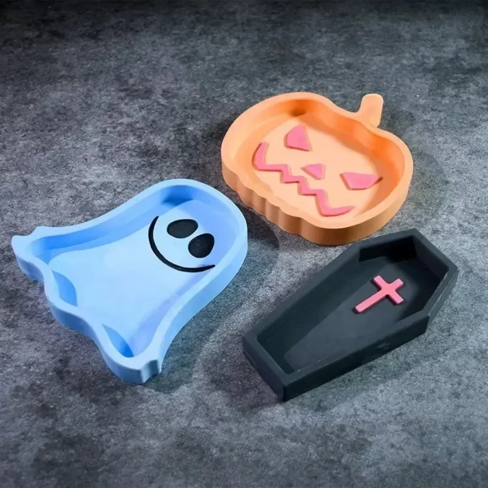 1pc Halloween Ser Tray Silicone Mold DIY Handmade Pumpkin Ghost Coffin Shape Plaster Pour Plate Coaster Resin Mold Party Decor