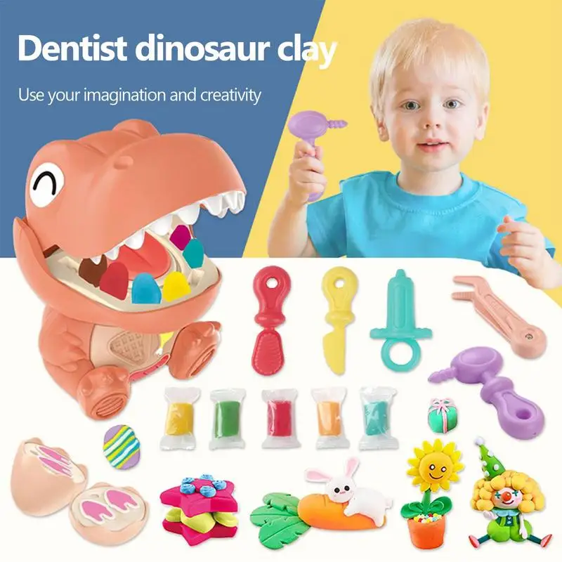 Ensemble de pâte à spoer pour enfants, jeu de simulation, perceuse et remplissage, dinosaure, médecin, dentiste