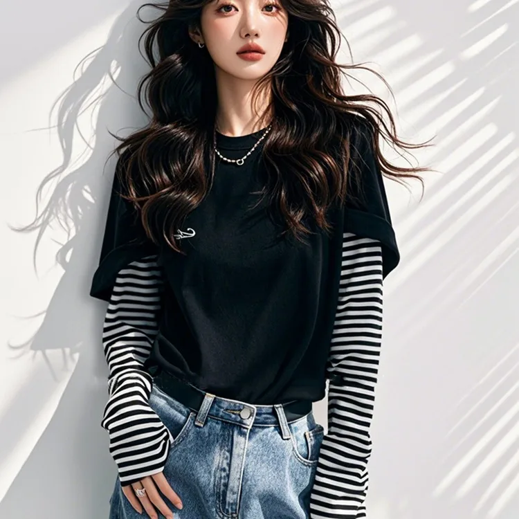 T-shirt unica in due pezzi Ele Bla da donna Faion Sweet Fibra di poliestere Lunga Sve Batwing Sve Top per l'autunno