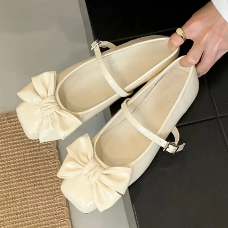Cute Bowknot Square Toe Design Gold Women's Pumps Elegant Flat Mary Jane Shoes for Ladies Lolita Style Low Heeled Dress Heels