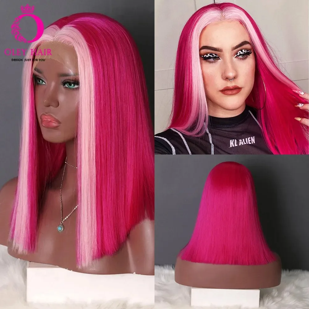 

OLEY Hot Pink Synthetic Lace Front Wig Raspberry Ripple Drag Queen Highlight Lace Wig Short Bob Cosplay Wigs for Women Glueless