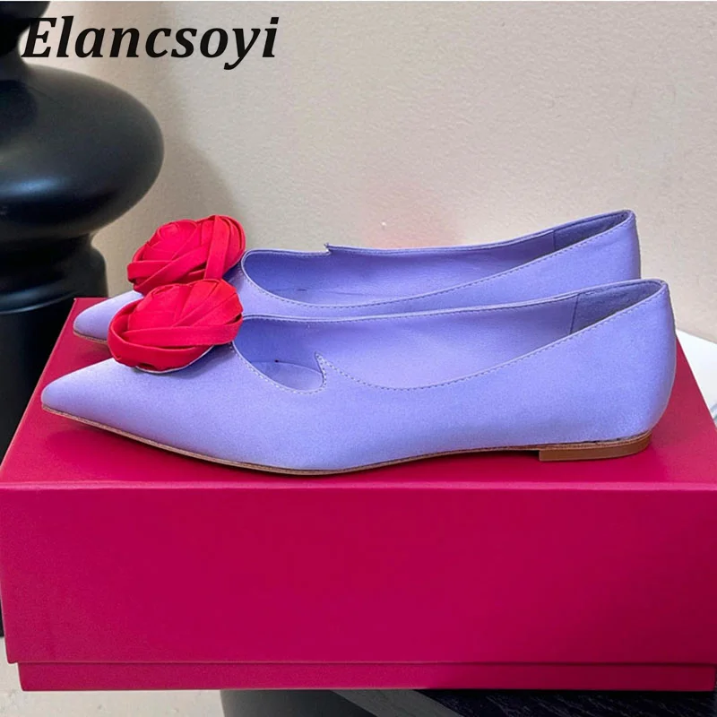 Lazy Loafers Women Rose Flower Decor Flat Shoes Satin Pointed Toe Ballet Shoes No Logo Single Shoes Spring Fashion Runway Shoes
