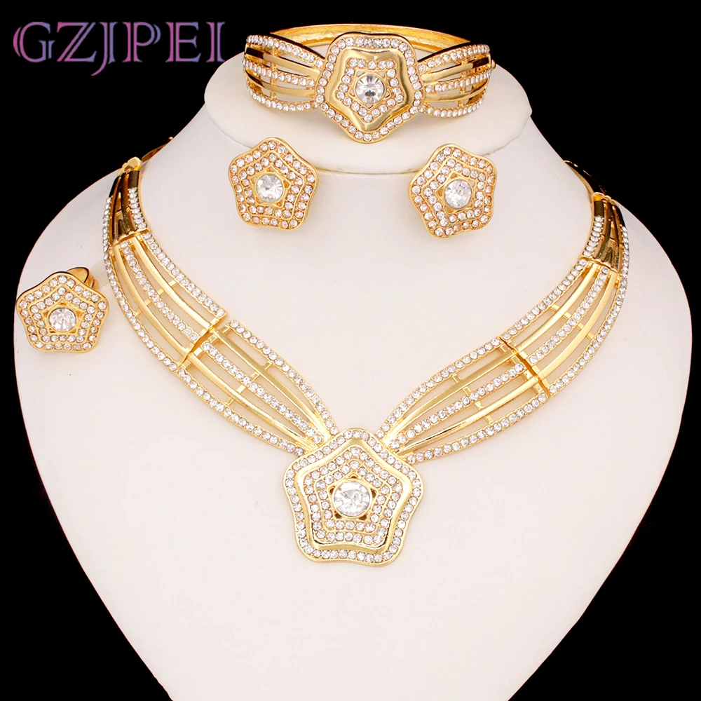 

GZJPEI 4 Pcs Big Jewelry Set Nigeria Gold Color Necklace Bracelet Chic Star Earring Ring For Bridal Wedding Gift 2025 New