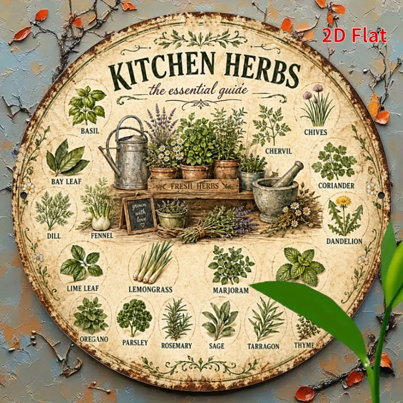 2D Flat - - [2Dflat], 1pc 7.87X7.87inch- Kitchen Herbs Essential Guide Round Sign, Vintage Herb Decorative Signs, Metal Wall Art