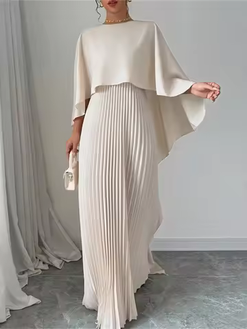 Elegant Fashion Crew Neck Pleated Womne Dress Casual Solid Loose Long Cloak Sleeves Ruffle Party Club Evening Gown Chic Dress
