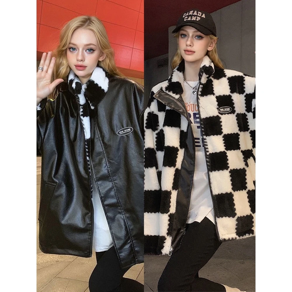 

Double-Sided Wear Thiened Loose Fur Jaet Women's Autumn Winter New Sle PU Leather Coat Long Sve Zipper Closure