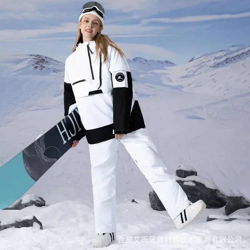 Couple Pullover Hooded Ski Jacket Suspender Pants Set Waterproof Windproof Warm Breathable Snowboard Skiing Suit For Men Women