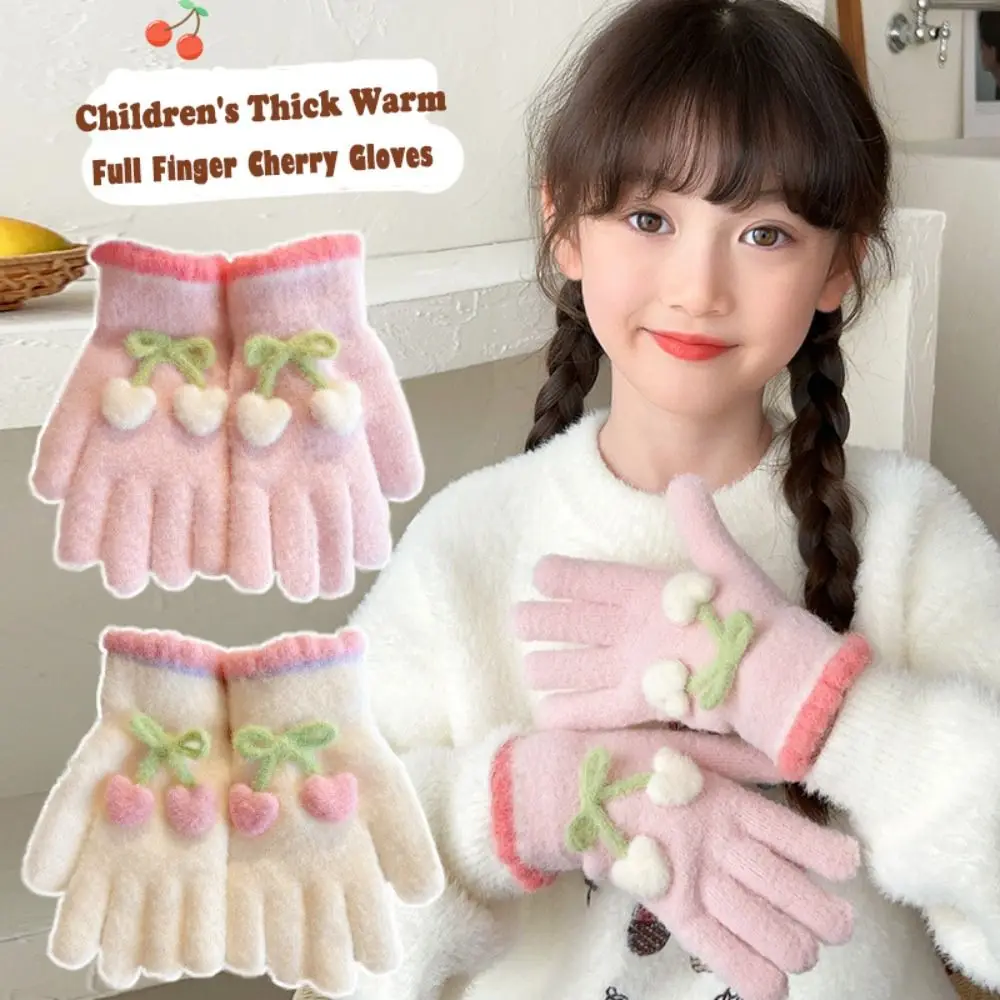 

Fashion Cute Cherry Knitted Gloves Thickened Children Full Fingers Gloves Winter Warm Outdoor Sports Windproof Gloves