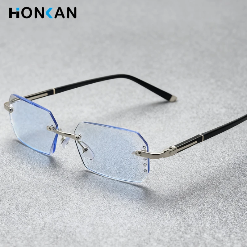

Luxury Diamond Cutting Photochromic Reading Glasses Men Business Rimless Eyeglasses Color Changing Presbyopia Eyewear Male