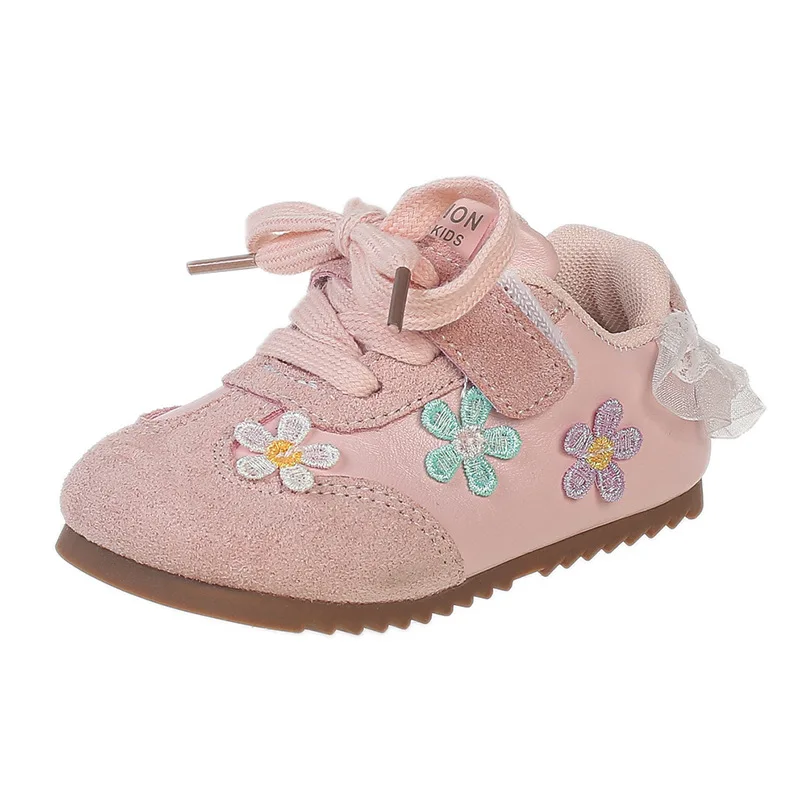 

2026 Girls' Spring/Summer New Style Sneakers Pink Cute Flower, Fashion Versatile Casual Shoes, Leather Upper, Non-Slip Soft Sole