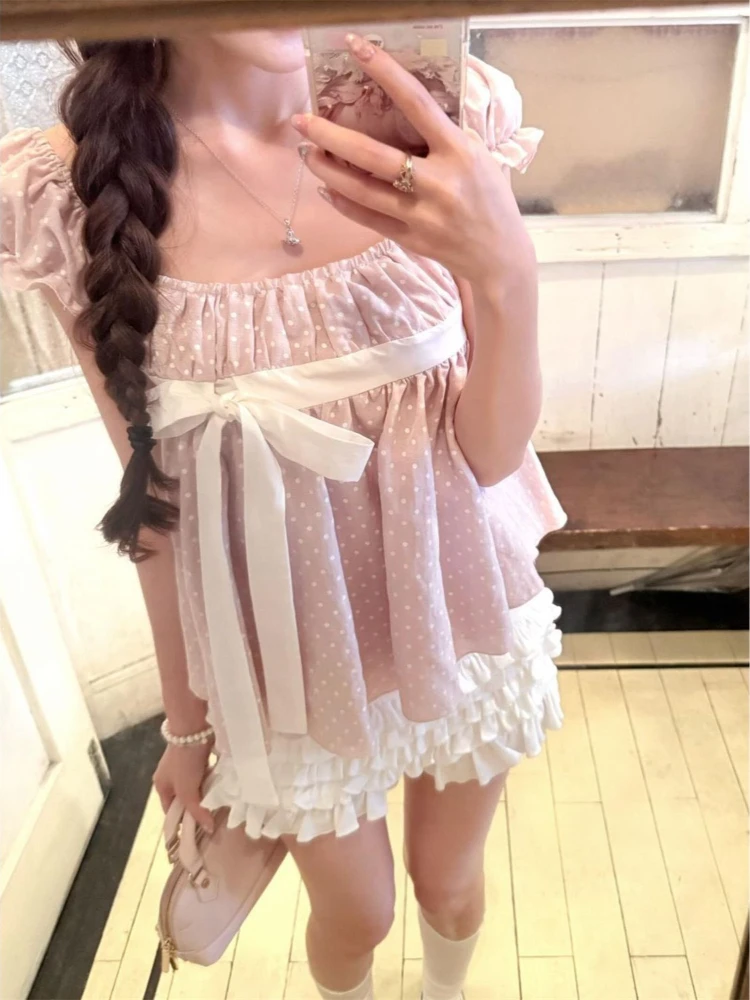 Coquette Sweet Korean Polka Dot Two Piece Set Women Puff Sleeve Bow Crop Top High Waist Ruffle Cake Shorts Casual Wear 2026 - view 2