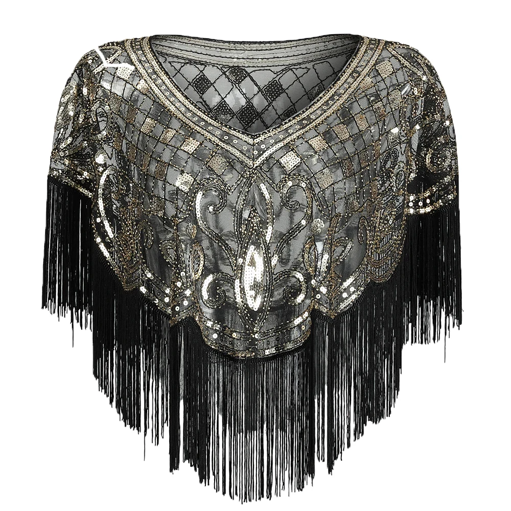 

Women 1920s Flapper Embroidery Fringe Shawl Cover Up Great Gatsby Party Beaded Sequin Cape Vintage Mesh Scraf Wraps for Dresses