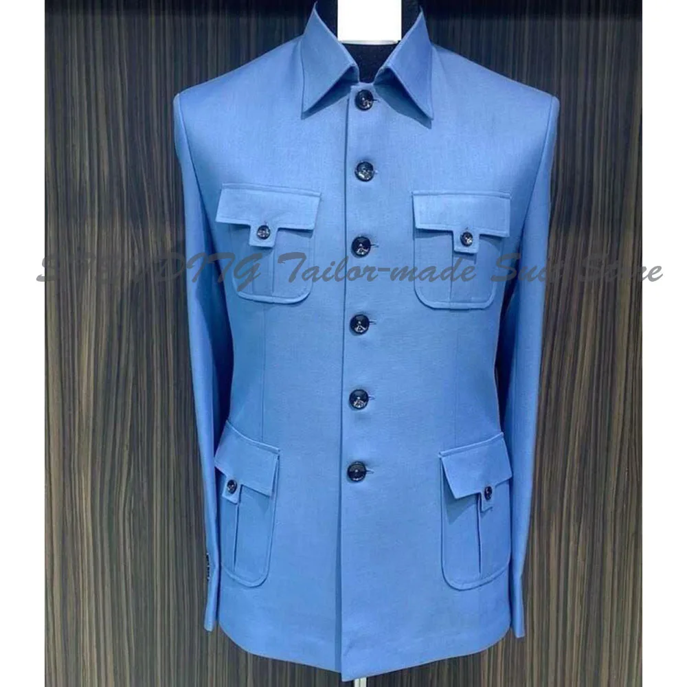 

Blue Casual Men Suits Single Breasted Collar 2 Pieces Jacket Pants High Quality Four Pockets Business Male Clothing Formal