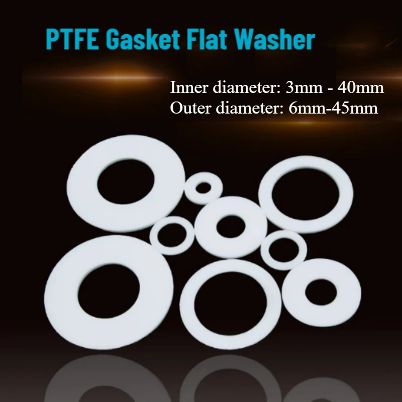 20-200pcs PTFE Gasket Flat Washer Thickness 1.25mm ID 3mm~40mm Resistant To High&Low Temperature Corrosion Anti-aging for Flange