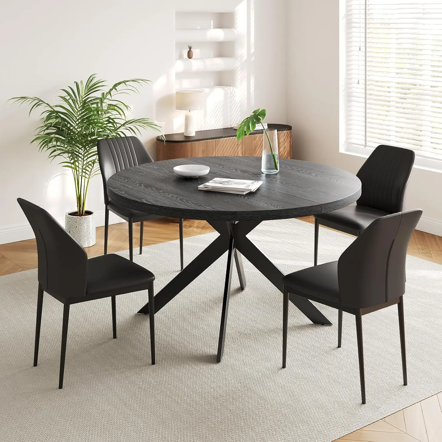 Four Piece Set Round Dining Table Group, Modern Wooden Kitchen Dining Room Coffee Table Seating Combination With Upholstered Chairs And Metal Legs For Living Room Office, Natural Oak Brown