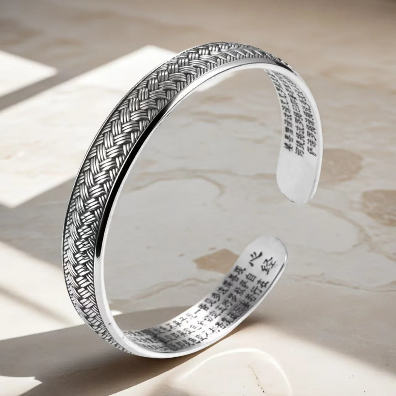 Fashion Retro S925 Silver Heart Sutra Bracelet Couple Scripture Opening Brocade Engraved Bracelet for Men Women Jewelry