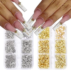 60 gold and silver mini stereo-star Pentagram Crescent Manicure decoration, y2k alloy rhinestone nail sparkly simple nail drill