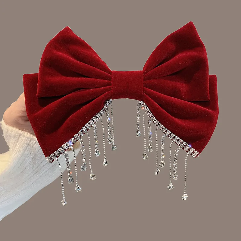 New Big Bow Bling Rhinestone Tassels Hair Clip Satin Hairpins Barrettes Ponytail Clip Elegant Shiny Double Bow Hairpin Heawear