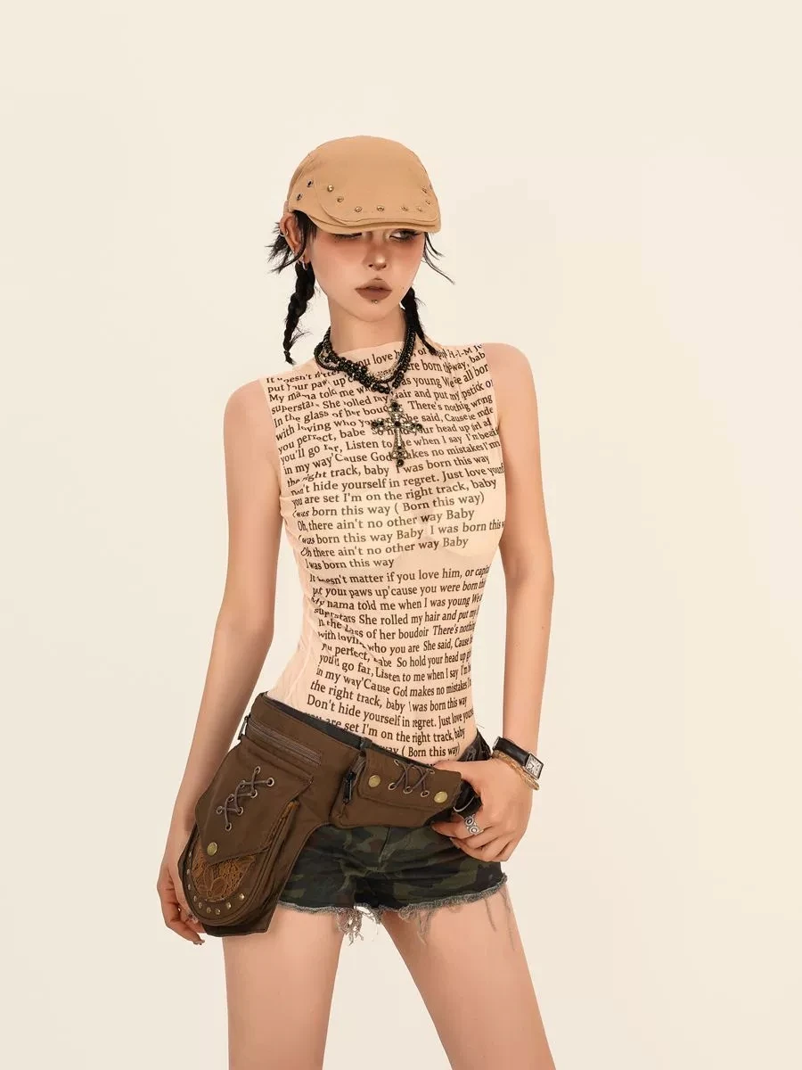 Fashion Trendy Round Collar Sleeveless Tank Mesh Sexy Article Print Slim Casual Top Women Hipster Wear