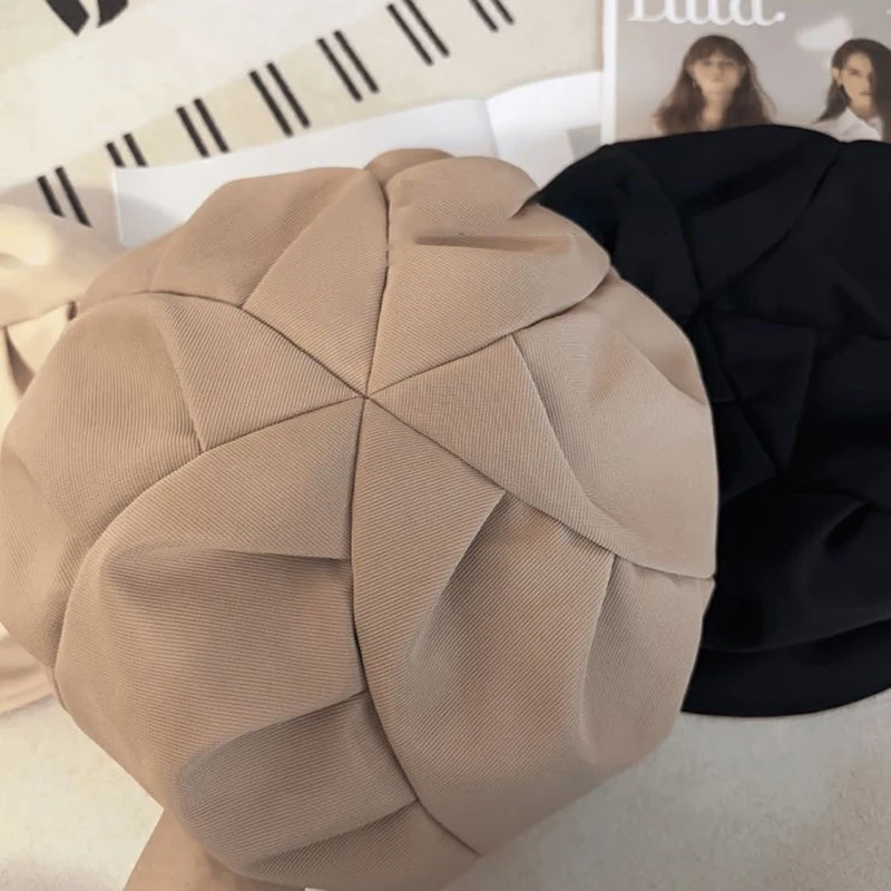 （Summer6）Korean Cloud Berets Fashion Pleated Octagonal Cap Vintage Solid Color Peaked Caps Spring And Autumn Beret Windproof Hat