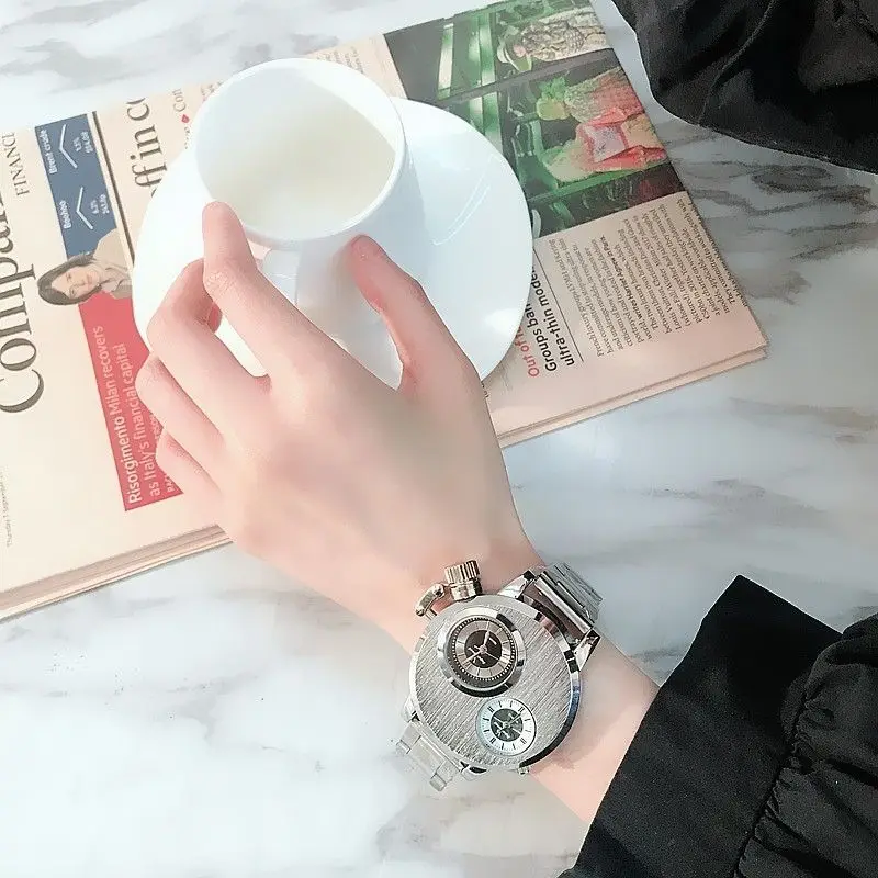 Luxury Quartz Men's Watches Punk Style Dual Dial Business Men Wristwatch Stainless Steel Strap Waterproof Military Watch