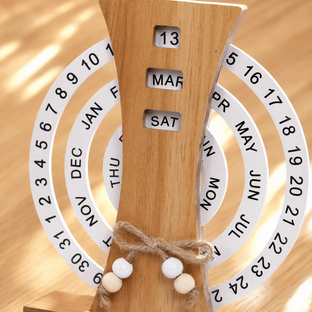 Wooden Rotatable Wooden Perpetual Desk Calendar Manual Twist Date Month Weekday Table Ornament view 2