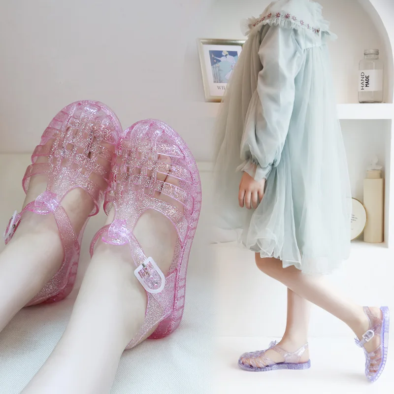 Summer Kids Glitter Jelly Roman Open-Toe Clogs Sandals Children Non-Slip Beach Sandals Girls Simple Breathable Hollow Outdoor