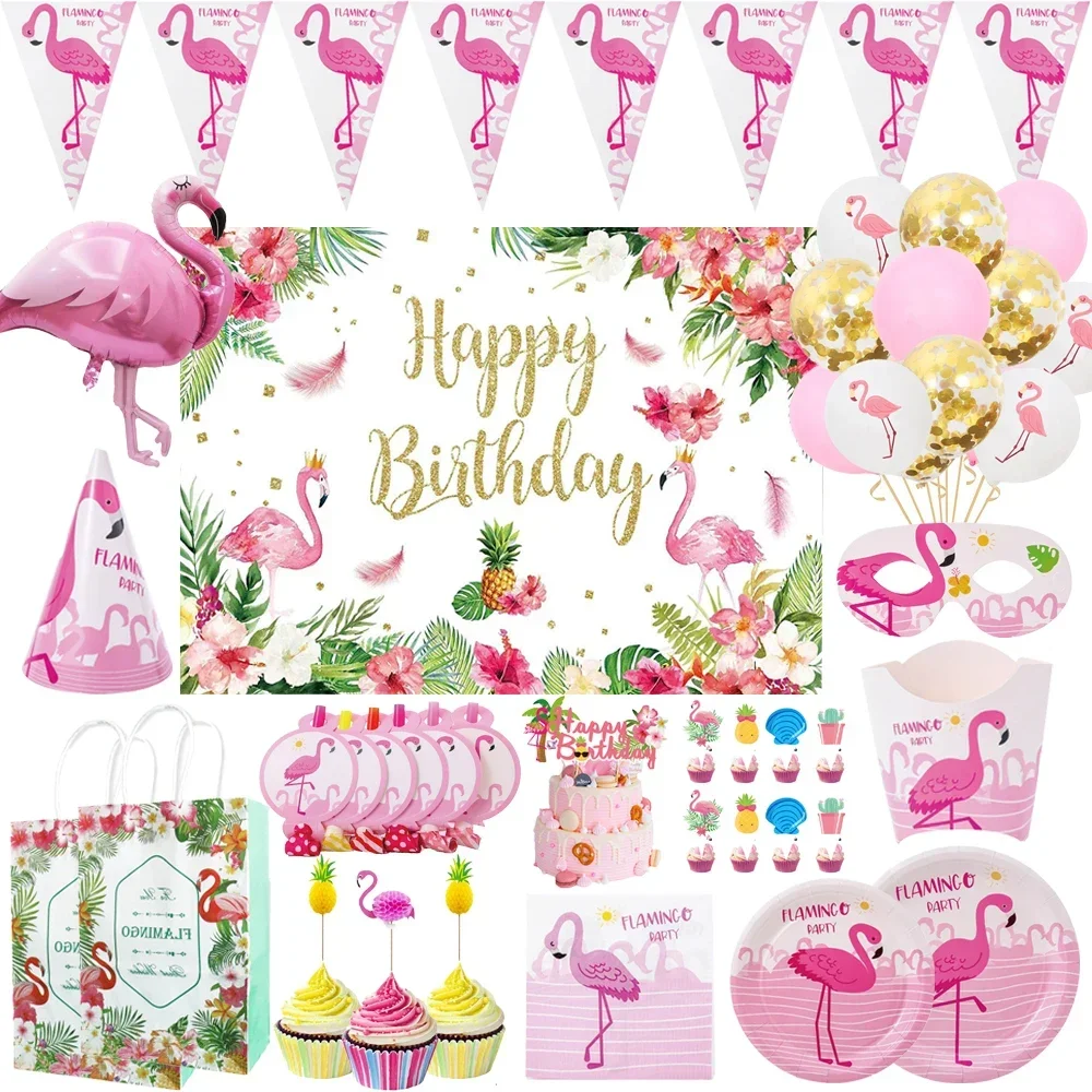 

Pink Flamingo Birthday Party Decorations Disposable Tableware Paper Cup Plate Cake Topper Balloons Kids Hawaii Party Decoration