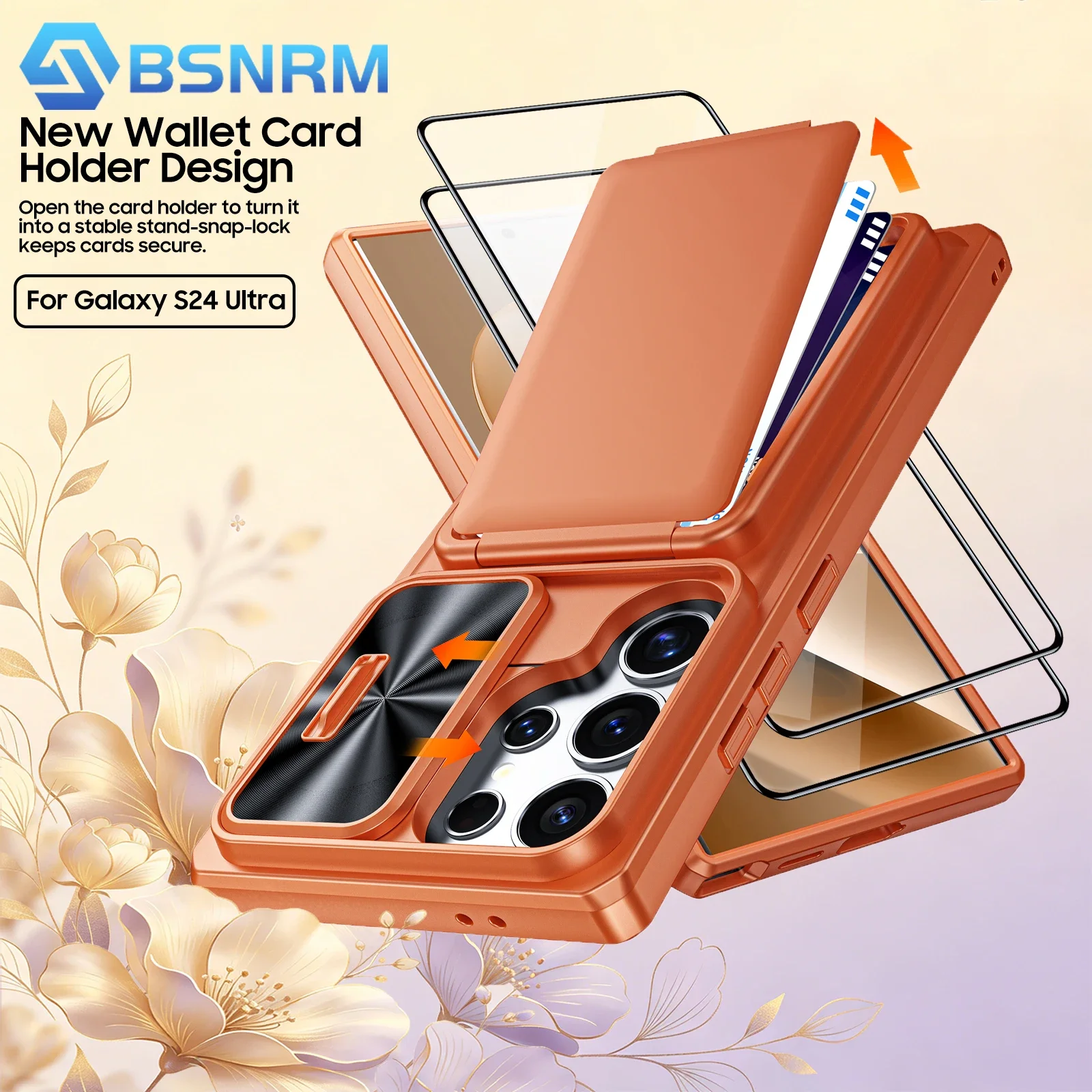 

For Galaxy S24 Ultra Phone Case,with Card Holder [RFID Blocking] Hinge Protection Shockproof Wallet Phone Case-Orange