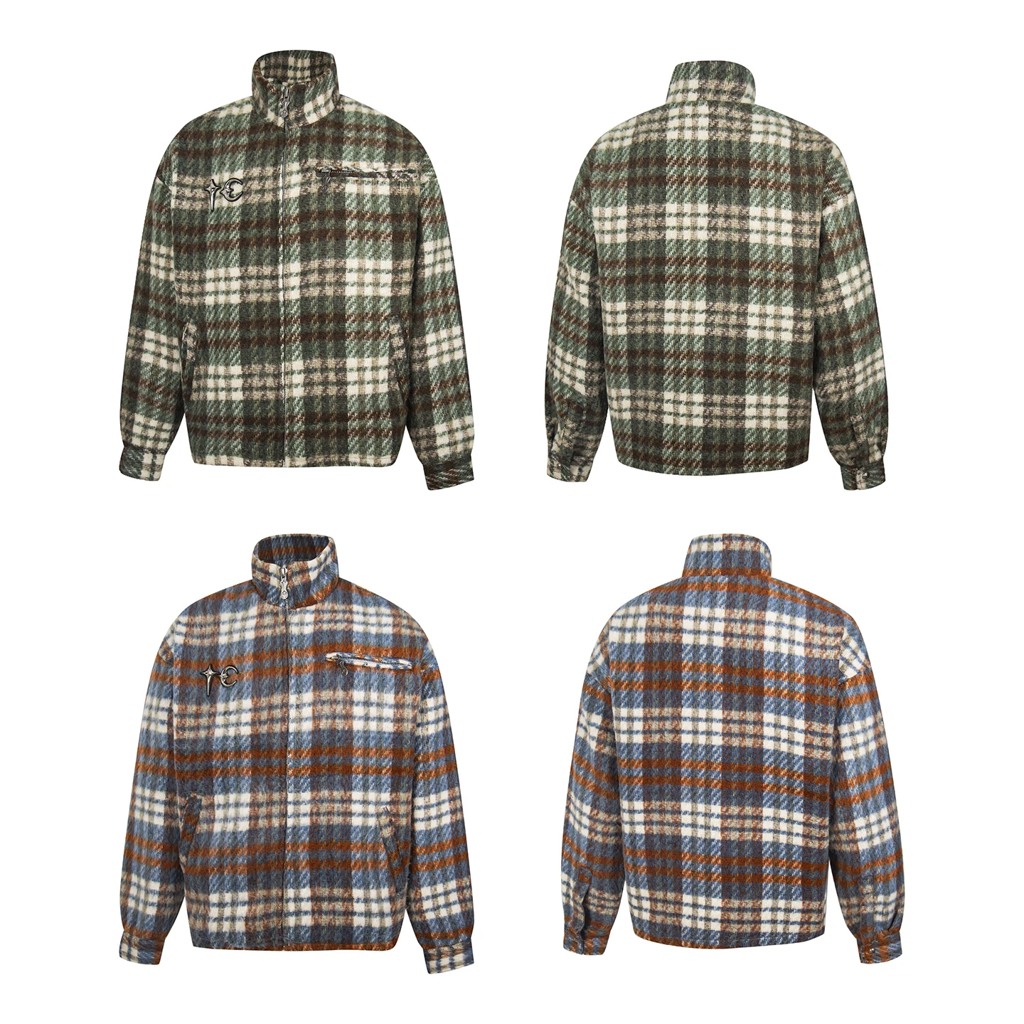 

Ретро-пальто в американском стиле с клетчатым узором, шерстяное, с заклепками в виде звезд и луны, с воротником-стойкой, свободного кроя, для мужчин и женщин