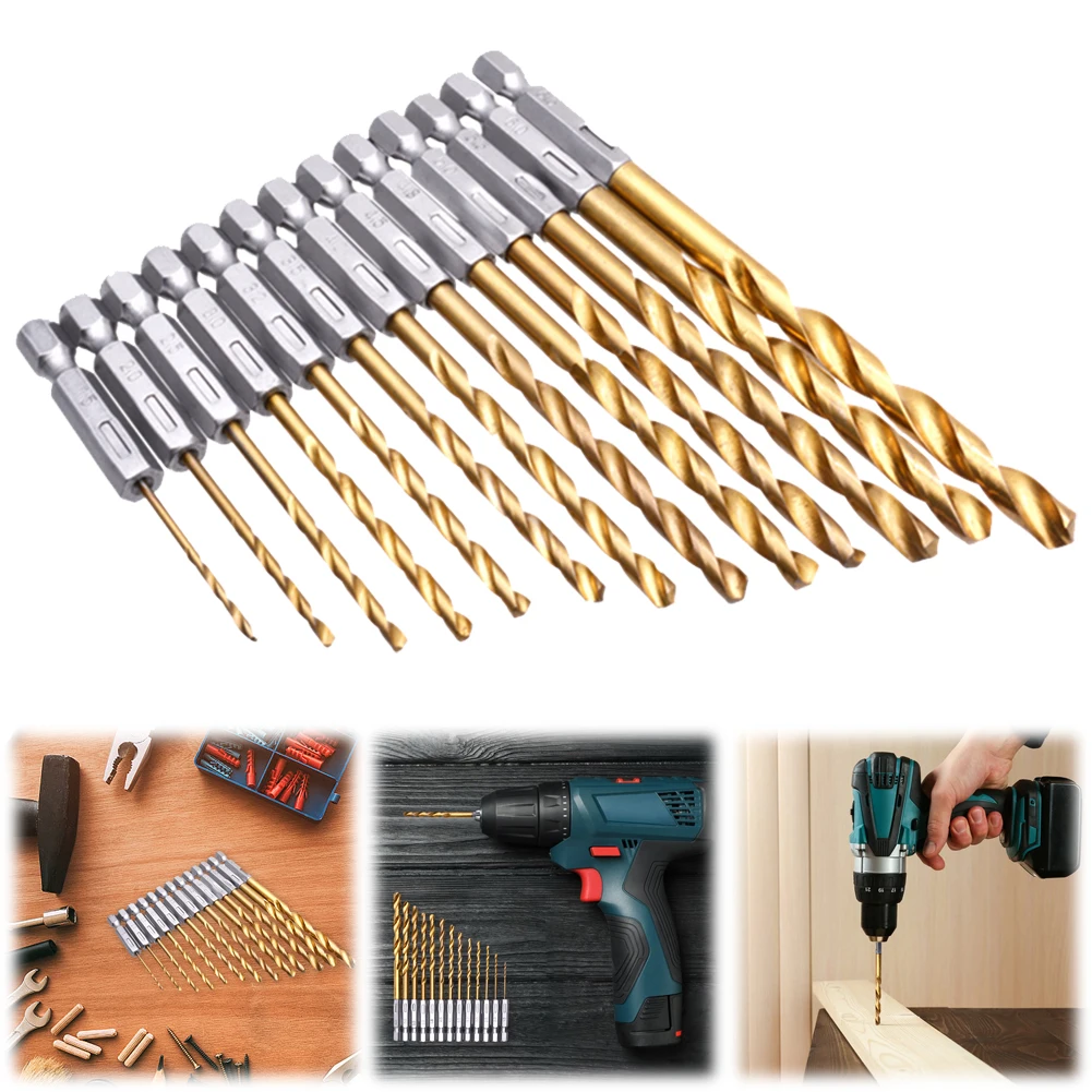13 PCS 1/4inch Hex Drill Bit Set Titanium Coated HSS Twist Impact Drill Bit Set 1.5-6.5mm for Wood Plastic Aluminum Alloy Metal
