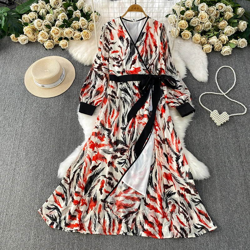 

Легкое шифоновое платье с v-образным вырезом и принтом, женское легкое и зрелое стильное повседневное платье на шнуровке, цельная длинная юбка с затягивающей талией