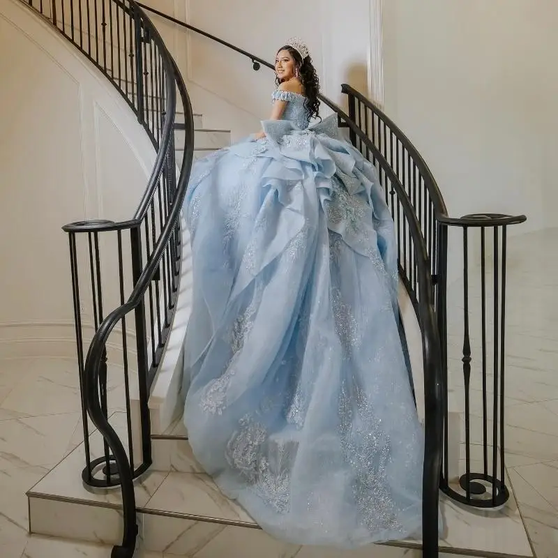 Sky Blue Shiny Quinceanera Dress Party Gown Applique Lace Beads Tull Princess Off The Shoulder 16 Year Vestidos 15 De XV