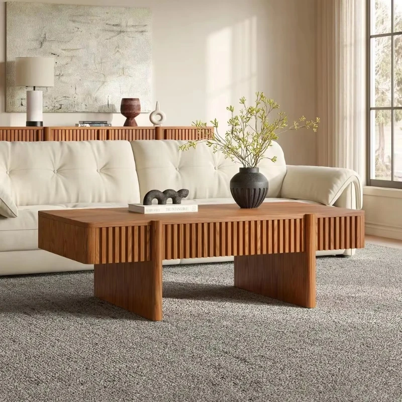 Retro rectangular side table living room with storage space solid wood