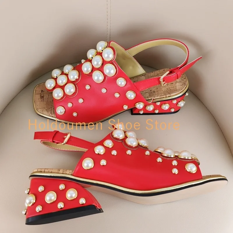 Luxury Pearl String Bead Square Toe Vintage Sandal Fashion Slingback Buckle Strap Square Pearl Embellished Heel Gladiator Sandal