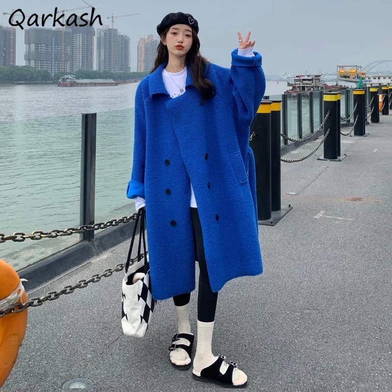 

Куртки женские длинные стильные Harajuku двубортные женские сохраняющие тепло верхняя одежда с однотонными рукавами уютная удобная одежда зимняя новинка