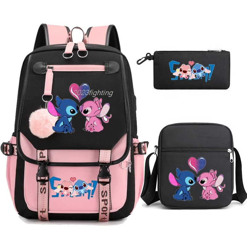 Loli Stitch Backpacks USB 3PCS Large Shoulder Bag Travel Backpack Patchwork Laptop Student School Bags Bagpack Mochila