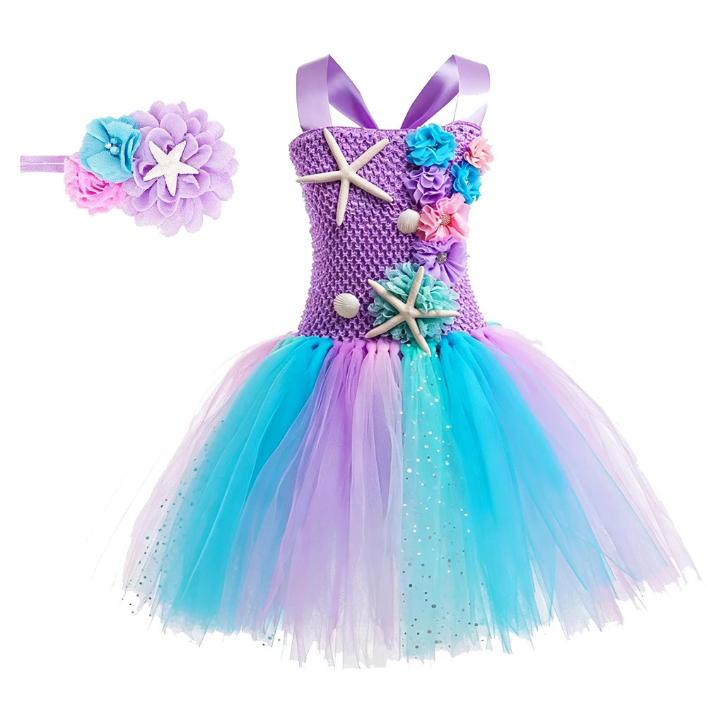 Meerjungfrauen-Kostüm Tutu-Kleid für Mädchen Ärmelloses Tüllkleid Prinzessinnenkrone Zauberstab Halskette Handschuhe für Mädchen Halloween Geburtstagsfeier – Detail 6