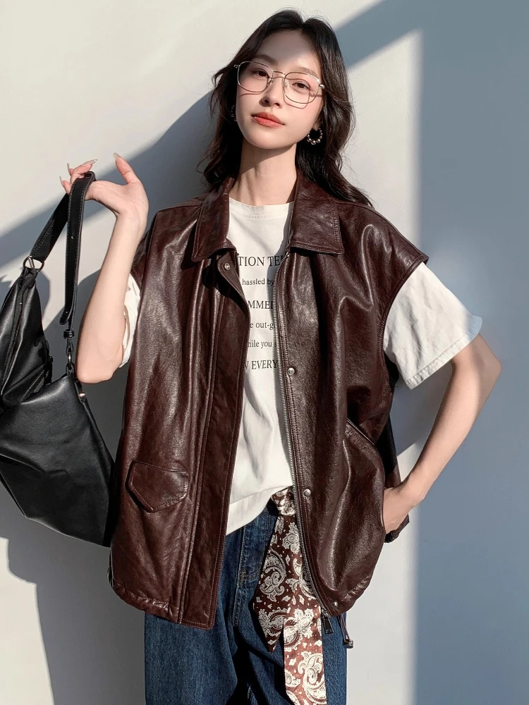 Casual Echtes Leder Ärmellose Weste Jacken für Frauen Frühling Herbst High-end-Einfache Feste Weiche Öl Wachs Echt Schaffell mantel