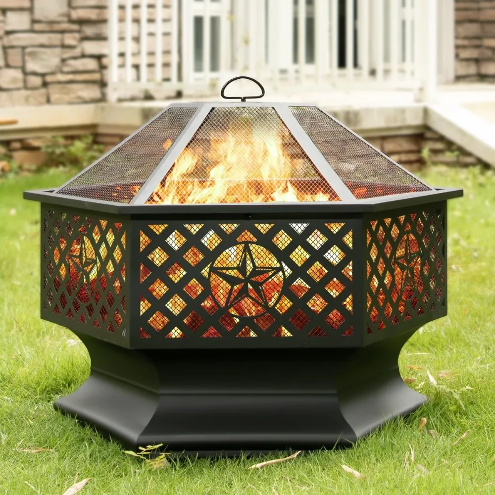 

Hexagonal Outdoor Wood-Burning Fire Pit with Metal Construction, Fire Poker, and Mesh Cover