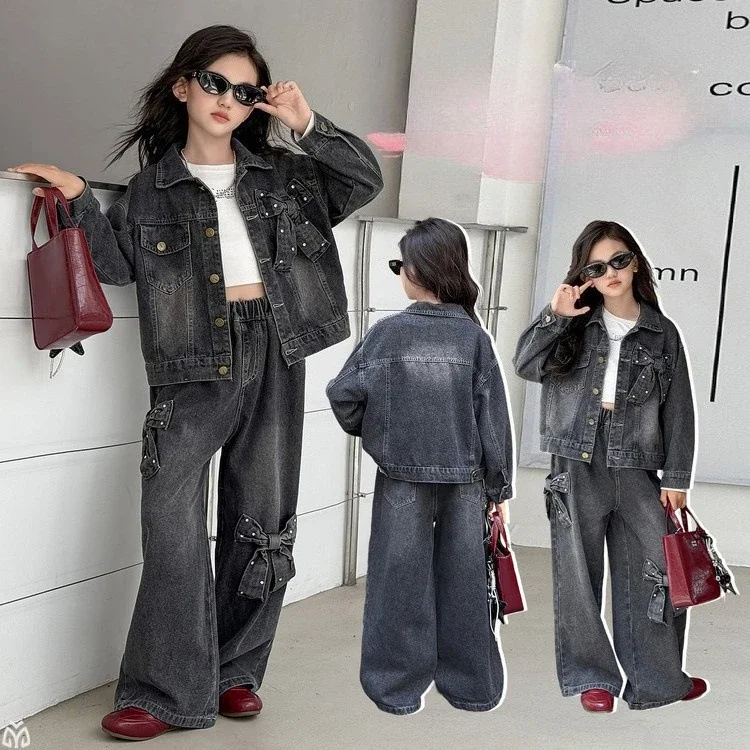 

Teen Girls Bow Clothes Sets Denim Jacket+Wide Leg Jeans 2pcs Junior Kid Coat Pants Suit Child Outfits 4-14 vetement enfant fille