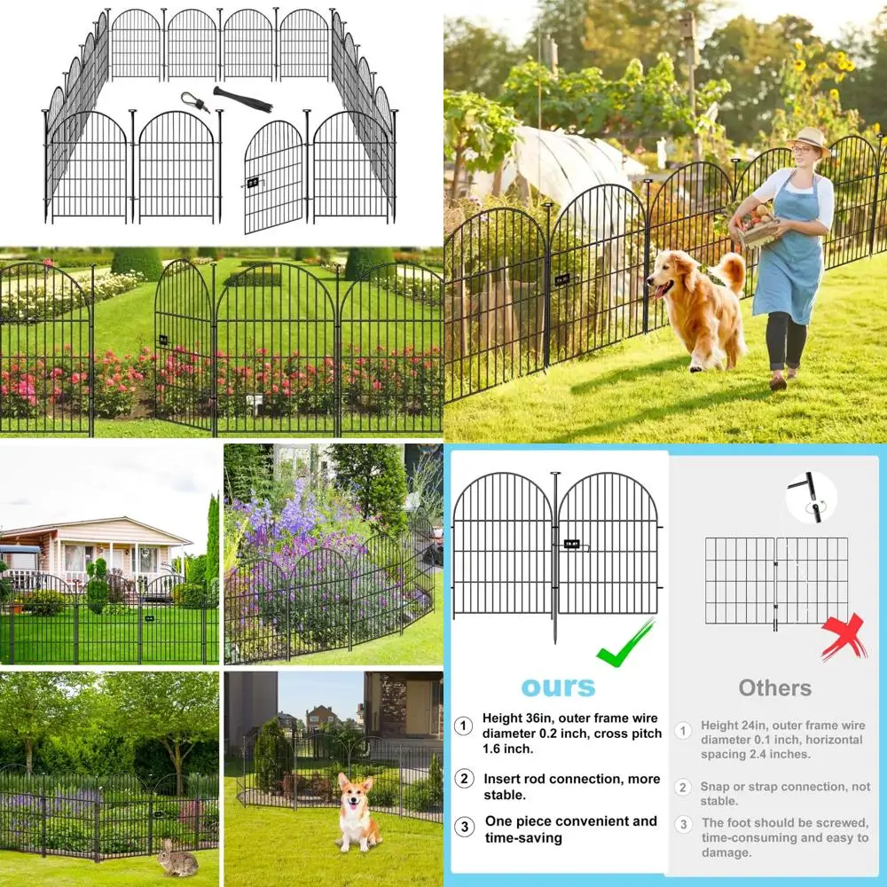 

garden fence animal barrier with gate, 22 panels garden fencing 36 inch high, dog fence outdoor for yard, black heavy duty metal