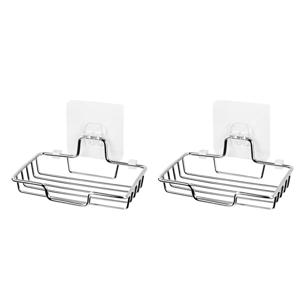 

2pcs Stainless Steel Soap Holder Wall Mounted No Punching Draining Dish Tile Glass Surface Bathroom Kitchen Drain Rack Sucker
