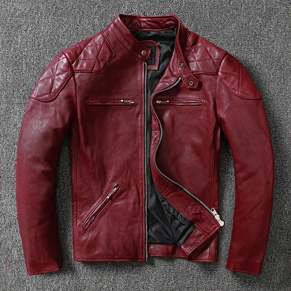 2025 Fashion Genuine Sheepskin Tanned Leather Jacket Men Vintage Motorcycle Wine Red Zipper Moto Biker Clothing Slimfit Coats