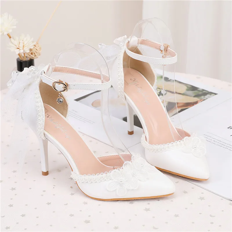 

2026 Women's Solid Color White Low Top Buckle Bow Pointed Stiletto High Heel Sandals Banquet Wedding Party Evening Catwalk Shoes