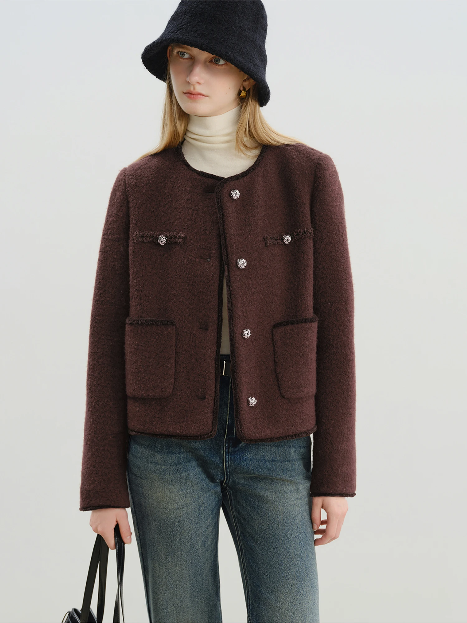 ZIQIAO 2025 Winter Women's Retro Tweed Short Coat - Textured Single Breasted Jacket Casual Elegant Outerwear